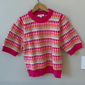 THML Bright Pink & Orange Elbow Sleeve Crewneck Pattern Sweater Size Small